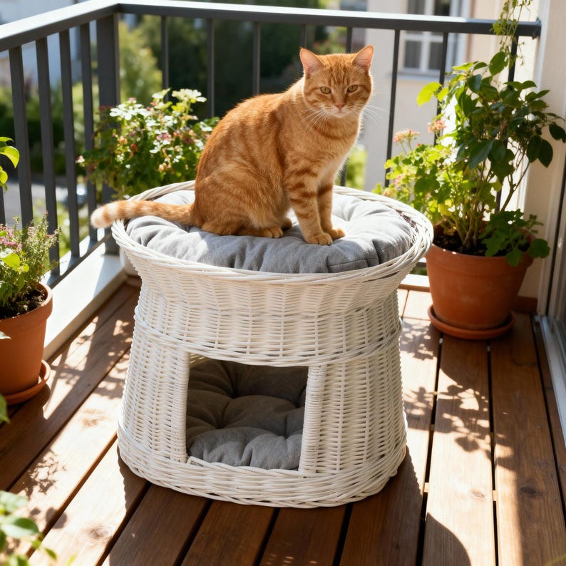 May include: A white wicker cat house with a gray cushion, topped by an orange tabby cat. The cat house has a round top and a lower opening. The cat is sitting on a balcony with potted plants.