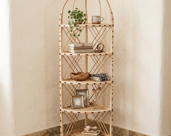 Hohes Weiden Eckregal, handgemachte 5 Tier Rattan Aufbewahrungseinheit für Pflanzen, Handtücher oder Bücher, natürliche Rohrmöbel für Wohnzimmer oder Schlafzimmer