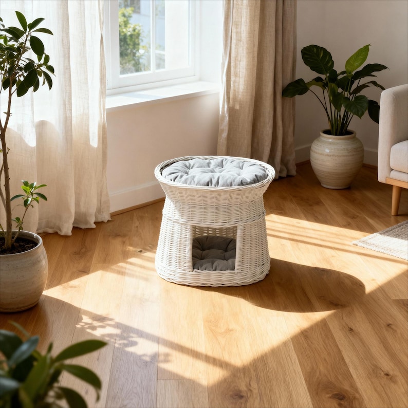 May include: A white wicker pet bed with a round top and a square opening. The bed has a gray cushion on top and inside. The bed is on a hardwood floor, with plants and a window in the background.