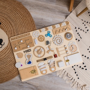 Tableau Occupé Montessori personnalisé, Tableau sensoriel interactif, Tableau d'activités en bois, Jouets personnalisés pour tout-petits, Jouet Montessori, Jouet sensoriel en bois