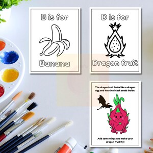 Könnte beinhalten: Schwarz-weiß-Malvorlagen für Kinder mit den Buchstaben B und D. Der Buchstabe B steht für Banane und der Buchstabe D für Drachenfrucht. Die Malvorlage für Drachenfrucht enthält eine kleine Illustration einer Drachenfrucht mit Flügeln.