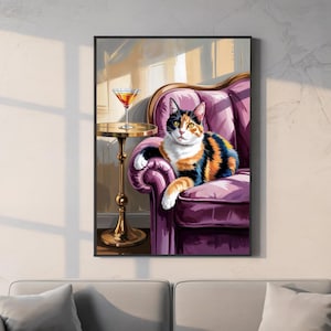 Calico Cat with Martini Art Poster, Cute Quirky Whimsical, Cocktail Art Bar Cart Decor, Fine Art Print Gift , Trendy Home Wall Art Poster