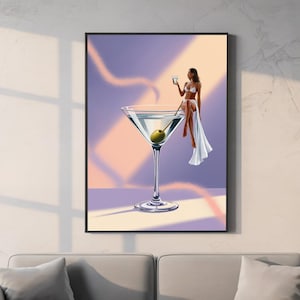 Art Poster of girl sitting on the mouth of a Martini cocktail with olives, kitchen wall decoration, Wall Art Poster