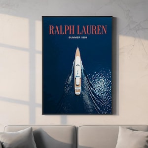 Aerial Luxury Yacht Photography Poster, Yacht Sailing Ocean Art, Vintage Summer Art, Ralph Lauren Magazine Poster