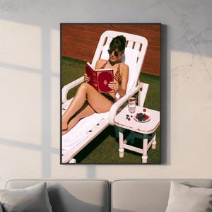 Retro Summer Reading Poster – Woman in Leopard Bikini Sunbathing with Book and Berries, Aesthetic Poolside Wall Art for Modern Decor