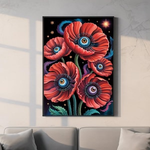 Dopamine Decor, Surreal Eyeball Flower Art Poster, Mystic Eye Poster, Gothic Botanical Wall Decor, Dark Night Bloom Illustration