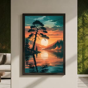 Pine Forest Wall Art, Nature Art Print for Relaxing Spaces, Tranquil Earth Tones Lake Reflection Artwork