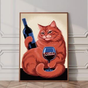 Drink Cart Decor Poster, Cat Poster, Wine Print, Vintage Kitchen Decor, Mid Century Modern Decor, Trendy Wall Art, Dining Room Poster