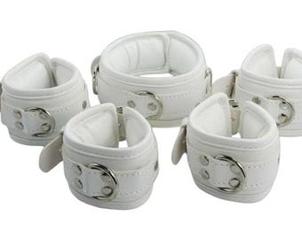 5 Piece Set Leather Handcuffs White