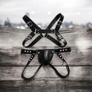 May include: Black leather harness and jockstrap set. The harness features adjustable straps and metal buckles. The jockstrap has a pouch and studded detailing. The set is displayed on a wooden surface.