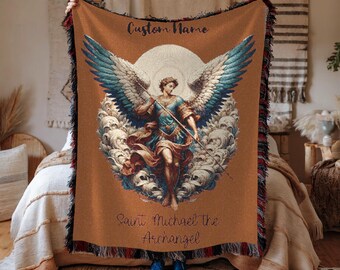 Saint Michael the Archangel Woven Blanket, Catholic Religious Customizable Throw, Mother's Day Gift, Religious Angel Blanket, Saint Prayer Shawl