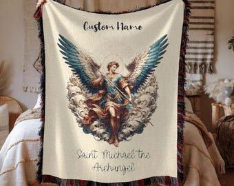 Saint Michael the Archangel Woven Blanket, Catholic Religious Customizable Throw, Mother's Day Gift, Religious Angel Blanket, Saint Prayer Shawl