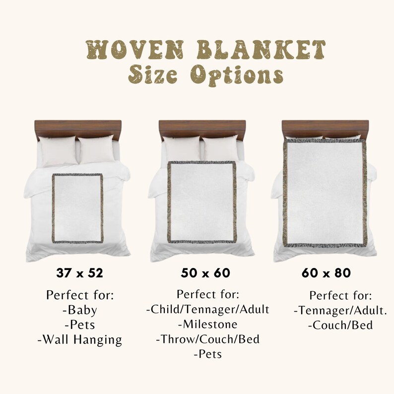 May include: Image showing three woven blankets on beds, each with a different size: 37 x 52 inches, 50 x 60 inches, and 60 x 80 inches. The text "WOVEN BLANKET Size Options" is at the top.