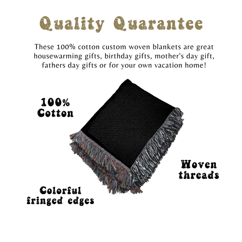 May include: A black woven blanket with colorful fringed edges. The blanket is made of 100% cotton and features woven threads. Text on the image reads "Quality Guarantee" and "100% Cotton".