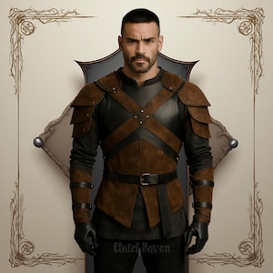 シャドウガーディアンレザーアーマーセット | 中世騎士コスチューム | アームガード付きレザーチェストアーマー | コスプレ、LARP用ファンタジー戦士衣装