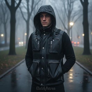May include: A black hooded vest with multiple zippered pockets and a black long-sleeve shirt. The vest has a leather-like appearance and is worn outdoors on a wet, overcast day. The person is standing on a wet pathway with trees in the background.