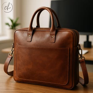 Full Grain Leather Laptop Messenger Bag: Personalized Brown Briefcase