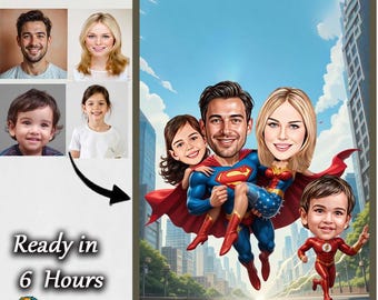 Custom Superhero Family Caricature Portrait, Personalized Family Gift