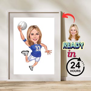 Personalized Female vollyball Player Caricature Drawing, Cartoon from Photo, Custom Female Football Portrait Drawing, Gift for Female