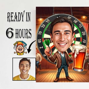 Op de afbeelding: Een digitale karikatuur van een man met een pijl en een biertje, voor een dartbord. De afbeelding bevat de tekst "READY IN 6 HOURS" en een logo. De man lacht. De achtergrond is een pub.