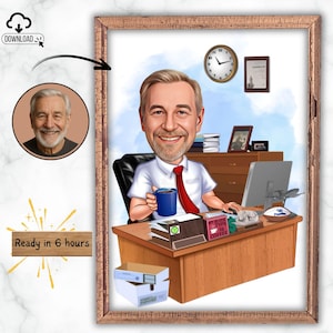 May include: A framed caricature of a man at a desk, holding a blue mug. The desk has a computer, books, and a sign that says "My Blood Type is Coffee." A clock and a photo are on the wall. The image includes a photo of a man and text that says "Ready in 6 hours."