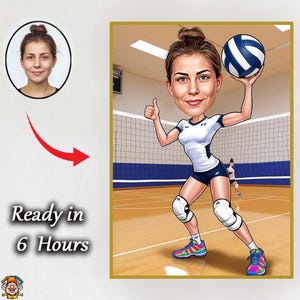 Custom Portrait Handball Player | Customizable Cartoon Woman Poster, Photo Caricature, Girl Gift Idea, Handball Art