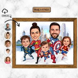 Può includere: Ritratto a cartone animato incorniciato di una famiglia vestita da supereroi. I personaggi includono una donna in tuta rossa e nera, un uomo in costume da Capitan America e tre bambini in abiti da supereroi. Lo sfondo presenta un paesaggio urbano.