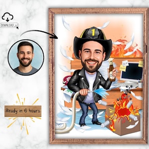 Peut inclure: Illustration encadrée d'un homme caricaturé en pompier, tenant une bière et un tuyau, avec un bureau en feu en arrière-plan. L'homme porte un casque et une veste noirs. L'image comprend le texte "Ready in 6 hours".
