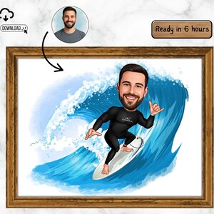 Personalized Surfer Caricature Drawing, Cartoon from Photo, Custom Surfing Portrait Drawing, Digital Art, Bobblehead, Gift for Him