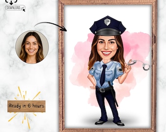 Personalized Police Officer Caricature: Custom Female Portrait from Photo (Digital Download A4 Size)