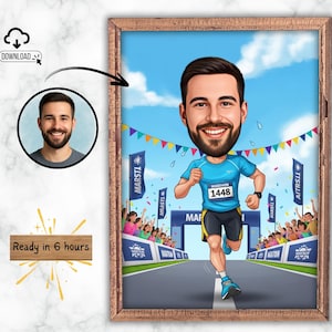 Puede incluir: Retrato de dibujos animados enmarcado de un hombre corriendo un maratón. El hombre lleva una camiseta azul con el número 1448, pantalones cortos negros y zapatos azules. El fondo muestra una multitud, pancartas y una línea de meta. El texto "Ready in 6 hours" también es visible.