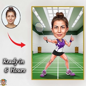 Badminton Cartoon Portrait | Badminton gift | Custom Badminton Caricature | Badminton caricature from photo | gift for Badminton Player