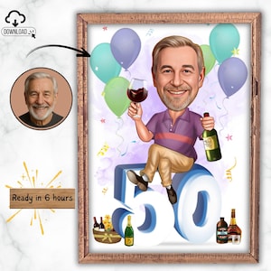 Personalised 50th Cartoon Portrait, Custom Happy Birthday Caricature Drawing, Funny Caricature, Gift for Him, Happy 40th 50th, 60th 70th, 60