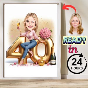 Op de afbeelding: Een ingelijste digitale illustratie van een vrouw die haar 40e verjaardag viert. Ze zit op een groot gouden getal 40, houdt een champagneglas vast en is omringd door bloemen en een champagnefles. De tekst "READY in 24 HOURS" is inbegrepen.