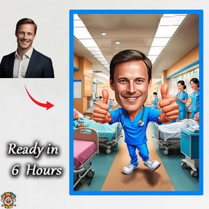 Custom Nurse Caricature Portrait – Personalized Cartoon Drawing from Photo – Unique Gift for Nurses, Digital Download, Doctor Caricature