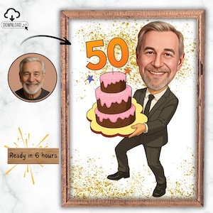 Personalized 50th Birthday Caricature: Custom Cartoon Portrait (Digital Download A4 Size)