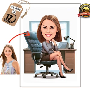 Big Boss Caricature for Woman , Business Woman Caricature, Funny Caricature, Personalized Gift, Mrs. Banker Caricature, Digital Download
