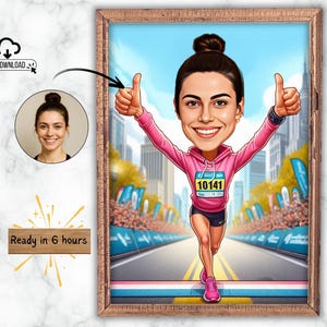 May include: A framed cartoon illustration of a woman running a marathon, giving a thumbs-up gesture. She wears a pink hoodie with the number 10141, black shorts, and pink running shoes. The background shows a city skyline and cheering spectators.