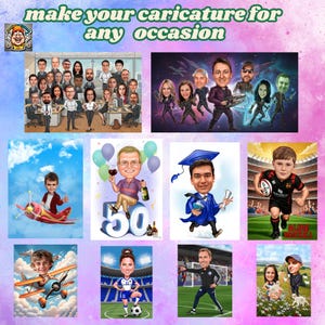 May include: A collection of cartoon caricatures, each showing a person or group in different settings. The text "make your caricature for any occasion" is at the top. The images include a group in an office, a group in space, and individuals in various scenarios.