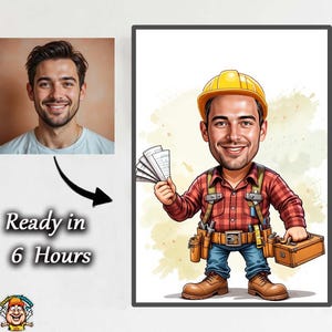 Puede incluir: Ilustración de dibujos animados de un hombre sonriente con un casco amarillo, una camisa a cuadros roja y un cinturón de herramientas, sosteniendo papeles y una caja de herramientas. La imagen incluye un retrato del hombre y el texto "Ready in 6 Hours."