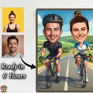 Custom Cycling Couple Caricature | Personalized Bike Race Artwork | Unique Bicycle Lover Gift & Sports Wall Decor