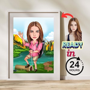 Personalized Traveler Caricature Drawing, Cartoon from Photo, Custom Hiking Portrait Drawing, Digital Art, Bobblehead, Gift for Her
