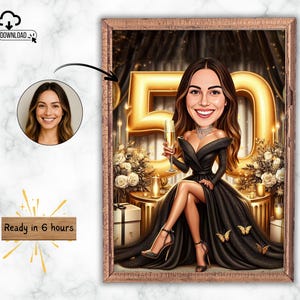 Custom 50th Birthday Caricature: Personalized Cartoon Portrait (Digital Download A4 Ready-to-Print Design)