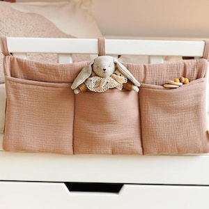 Soft Muslin Crib Organizer – 3-Pocket Hanging Storage for Baby Essentials, 100% Cotton