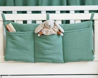 Muslin Crib Organizer – 3-Pocket Hanging Storage for Baby Essentials, 100% Cotton