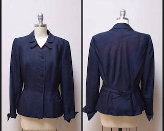 VTG 1940s Scott Enterprises Designer Navy Blue Pure Silk Peplum Back Jacket ~S~
