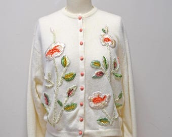 VTG Barrie Scotland Pure Cashmere Embroidered Floral Cardigan Sweater ~ M