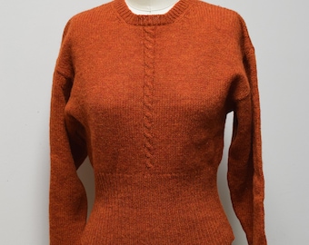 VTG Paprika Red Shetland Wool Cable Front Deep Hem Scoop Neck Sweater Size S