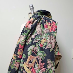 Vintage Oriental Gardens Asian Chinoiserie Barkcloth Fabric Panel - 93&quot; w x 81.5&quot;