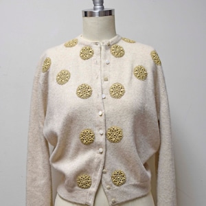 VTG Quality House Cashmere Oatmeal Embellished Cardigan Sweater Size S/M